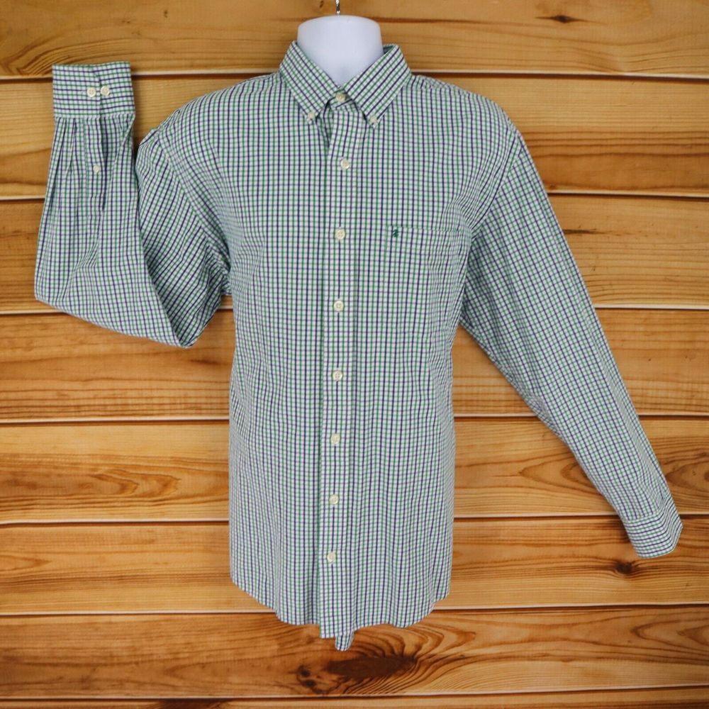 IZOD Long Sleeve Button‎ Down Shirt Mens Size LT Blue Green Checks 100% Cotton